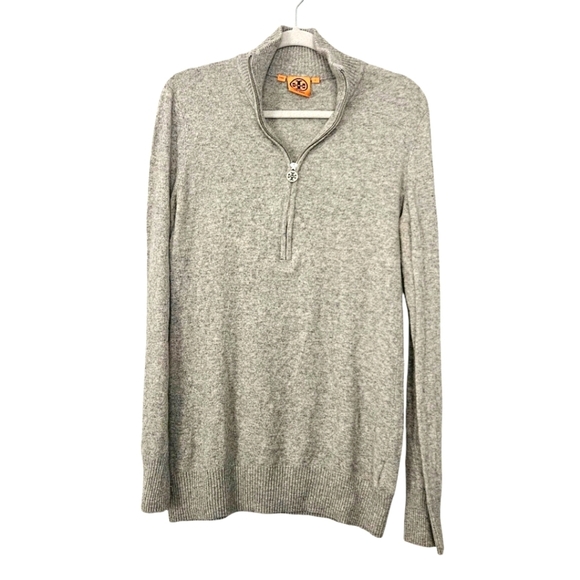 Tory Burch Gray Metino Wool Blend Long Sleeve 1/3 Zip Sweater Size L - Picture 1 of 10